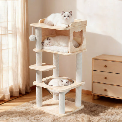 Contemporary Scandinavian Square Pine Solid Wood Board Hemp Rope Paper Tube Cat Tree 4-Tier For Living Room