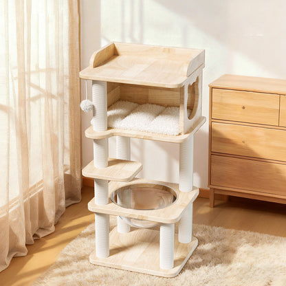 Contemporary Scandinavian Square Pine Solid Wood Board Hemp Rope Paper Tube Cat Tree 4-Tier For Living Room