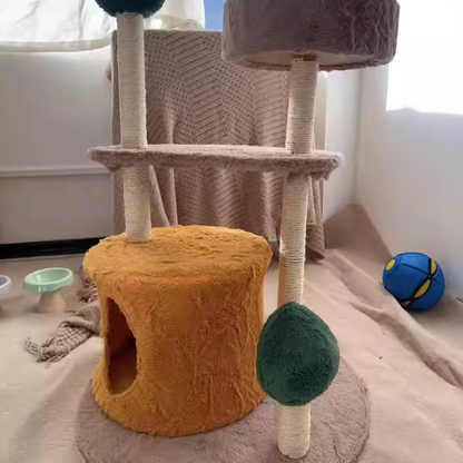 Contemporary Creative Round Medium-Density Fiberboard Sisal Velvet Fabric Cat Tree 3-Tier For Living Room