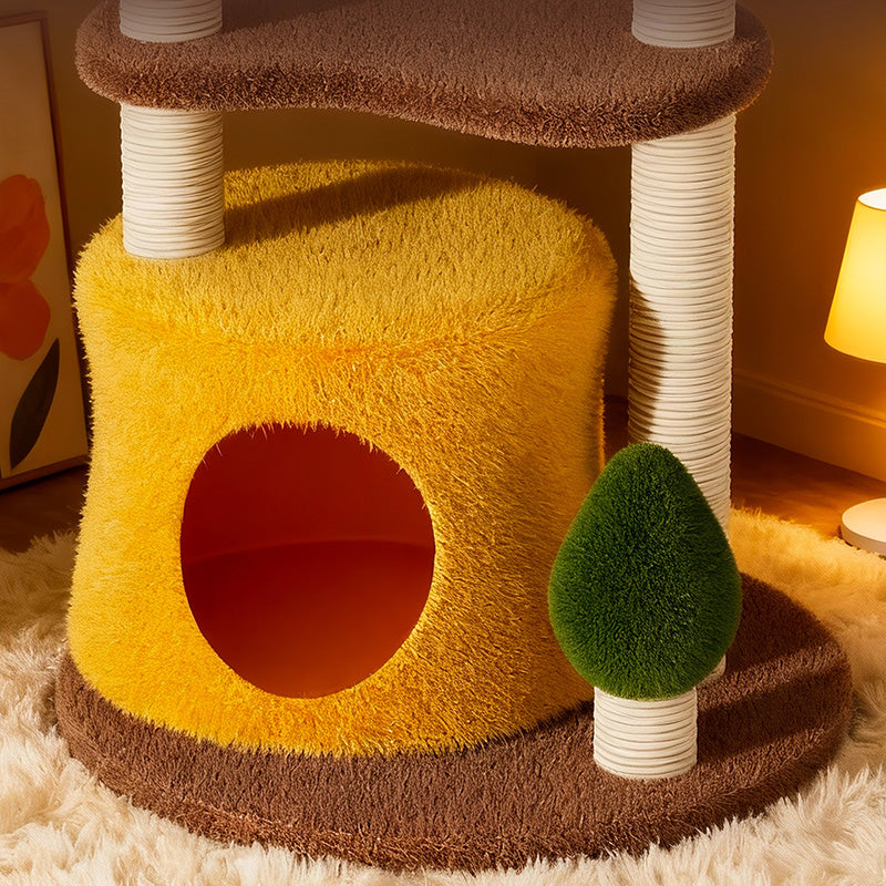 Contemporary Creative Round Medium-Density Fiberboard Sisal Velvet Fabric Cat Tree 3-Tier For Living Room