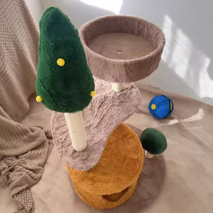 Contemporary Creative Round Medium-Density Fiberboard Sisal Velvet Fabric Cat Tree 3-Tier For Living Room