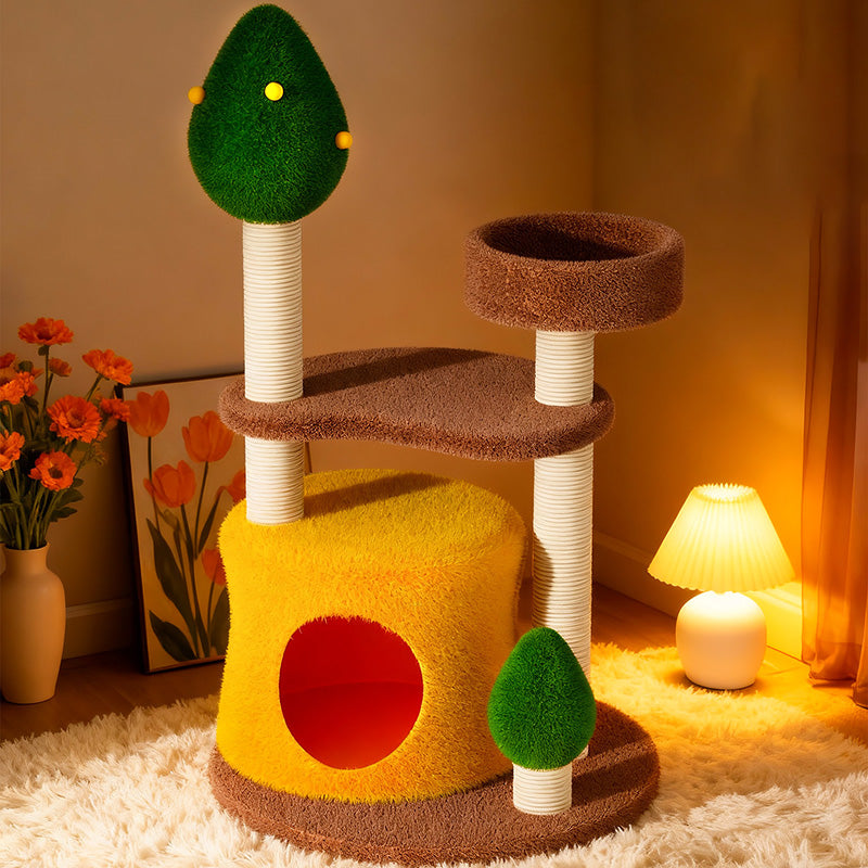 Contemporary Creative Round Medium-Density Fiberboard Sisal Velvet Fabric Cat Tree 3-Tier For Living Room
