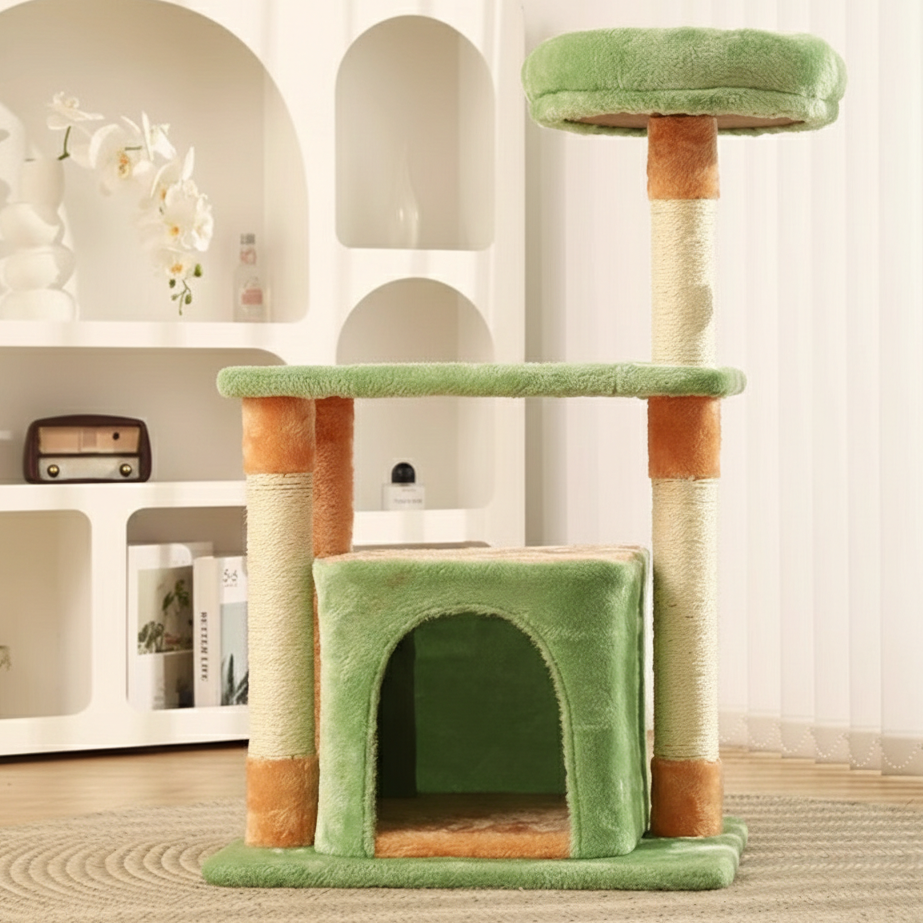 Contemporary Creative Square Particleboard Medium-Density Fiberboard Velvet Fabric Sisal Cat Tree 3-Tier For Living Room