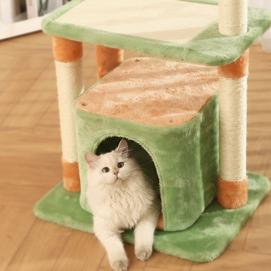 Contemporary Creative Square Particleboard Medium-Density Fiberboard Velvet Fabric Sisal Cat Tree 3-Tier For Living Room