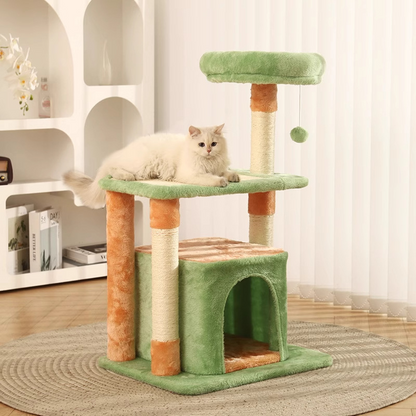 Contemporary Creative Square Particleboard Medium-Density Fiberboard Velvet Fabric Sisal Cat Tree 3-Tier For Living Room