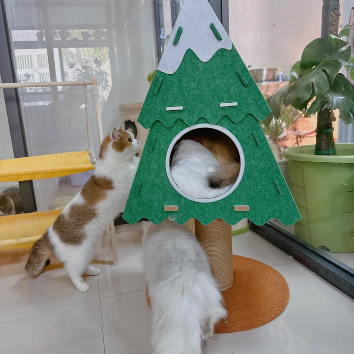 Contemporary Creative Triangle Medium-Density Fiberboard Felt Hemp Rope Christmas Cat Tree 3-Tier For Living Room