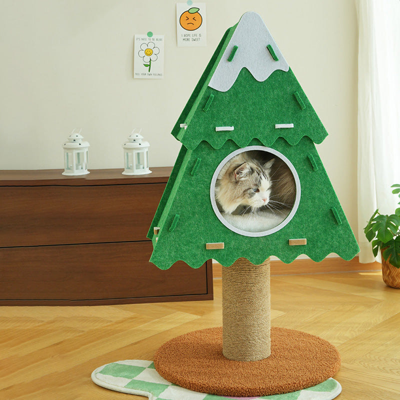 Contemporary Creative Triangle Medium-Density Fiberboard Felt Hemp Rope Christmas Cat Tree 3-Tier For Living Room