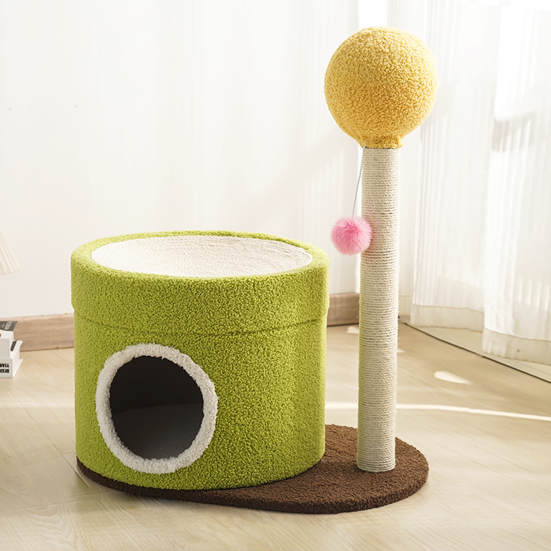 Contemporary Creative Round Medium-Density Fiberboard Paper Tube Velvet Fabric Hemp Rope Cat Tree 2-Tier For Living Room