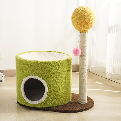 Contemporary Creative Round Medium-Density Fiberboard Paper Tube Velvet Fabric Hemp Rope Cat Tree 2-Tier For Living Room