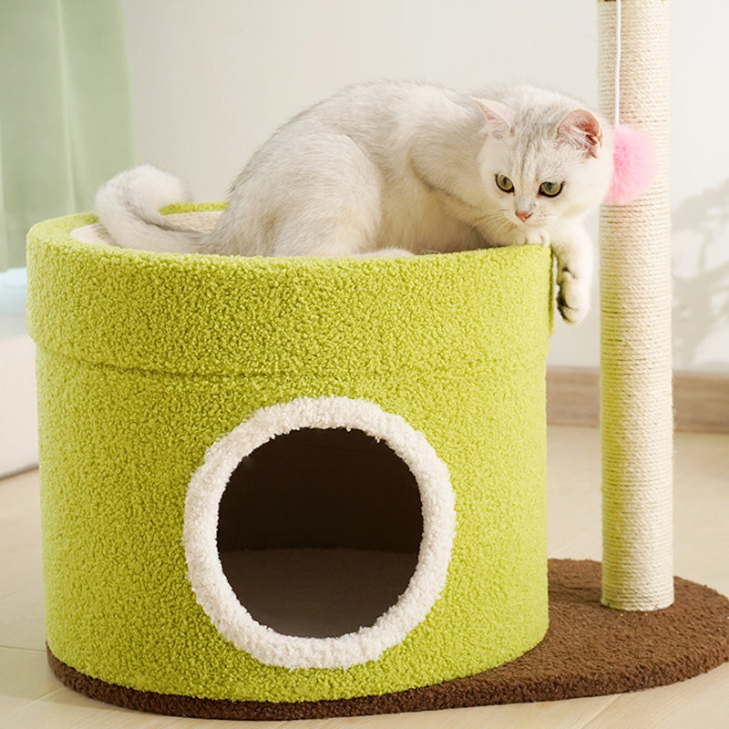 Contemporary Creative Round Medium-Density Fiberboard Paper Tube Velvet Fabric Hemp Rope Cat Tree 2-Tier For Living Room