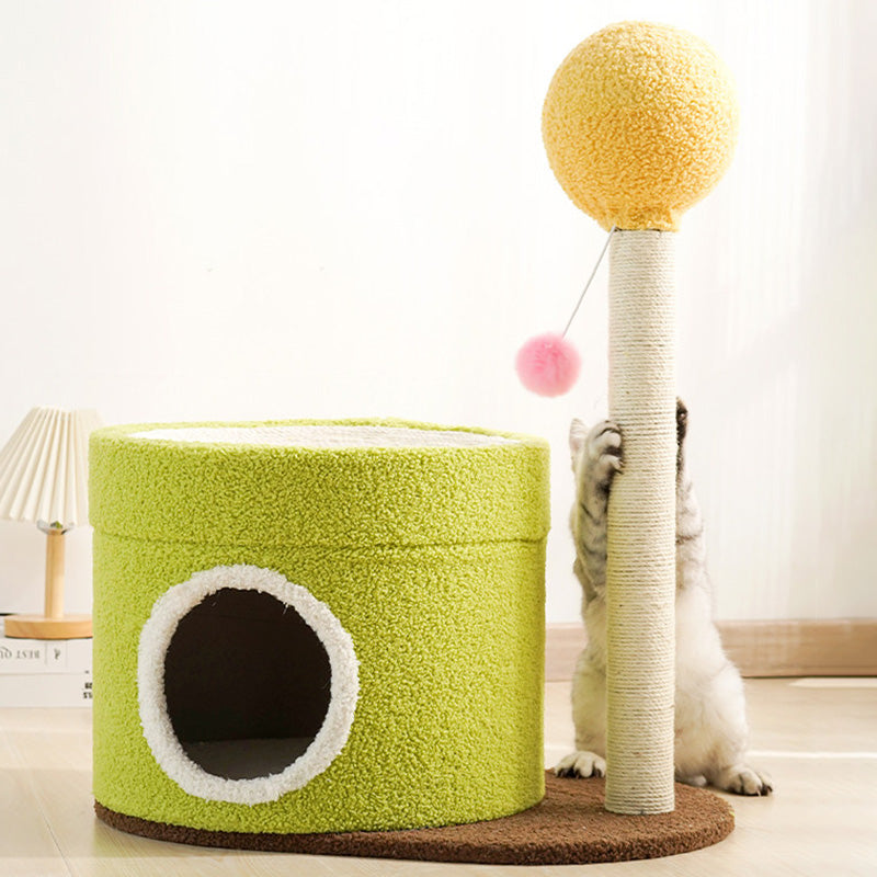 Contemporary Creative Round Medium-Density Fiberboard Paper Tube Velvet Fabric Hemp Rope Cat Tree 2-Tier For Living Room