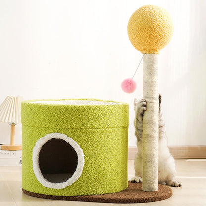 Contemporary Creative Round Medium-Density Fiberboard Paper Tube Velvet Fabric Hemp Rope Cat Tree 2-Tier For Living Room