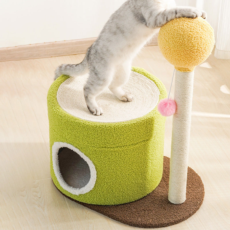 Contemporary Creative Round Medium-Density Fiberboard Paper Tube Velvet Fabric Hemp Rope Cat Tree 2-Tier For Living Room