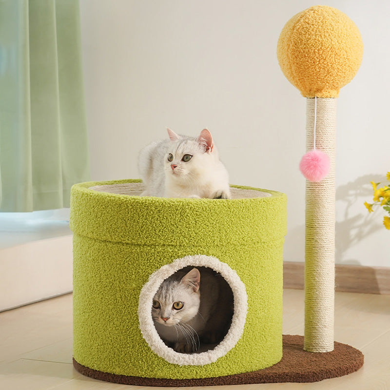 Contemporary Creative Round Medium-Density Fiberboard Paper Tube Velvet Fabric Hemp Rope Cat Tree 2-Tier For Living Room