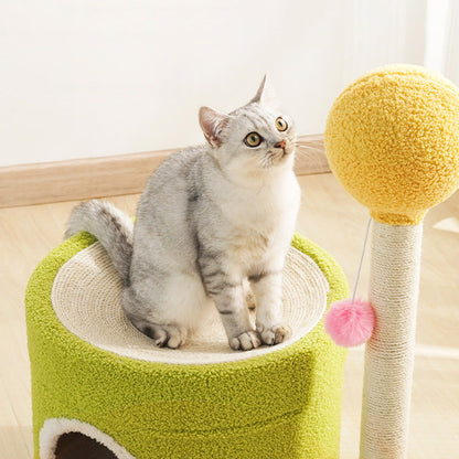 Contemporary Creative Round Medium-Density Fiberboard Paper Tube Velvet Fabric Hemp Rope Cat Tree 2-Tier For Living Room