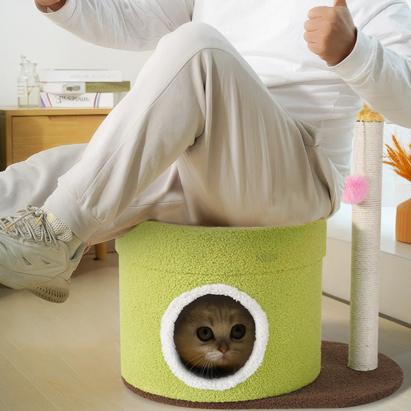 Contemporary Creative Round Medium-Density Fiberboard Paper Tube Velvet Fabric Hemp Rope Cat Tree 2-Tier For Living Room