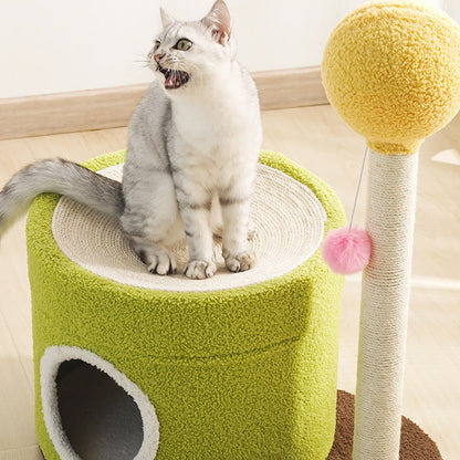 Contemporary Creative Round Medium-Density Fiberboard Paper Tube Velvet Fabric Hemp Rope Cat Tree 2-Tier For Living Room