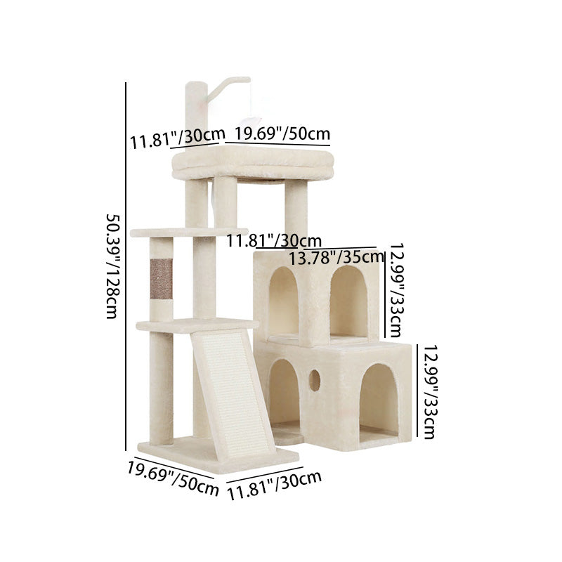 Contemporary Scandinavian Square Particleboard Velvet Fabric Hemp Rope Cat Tree 4-Tier For Living Room