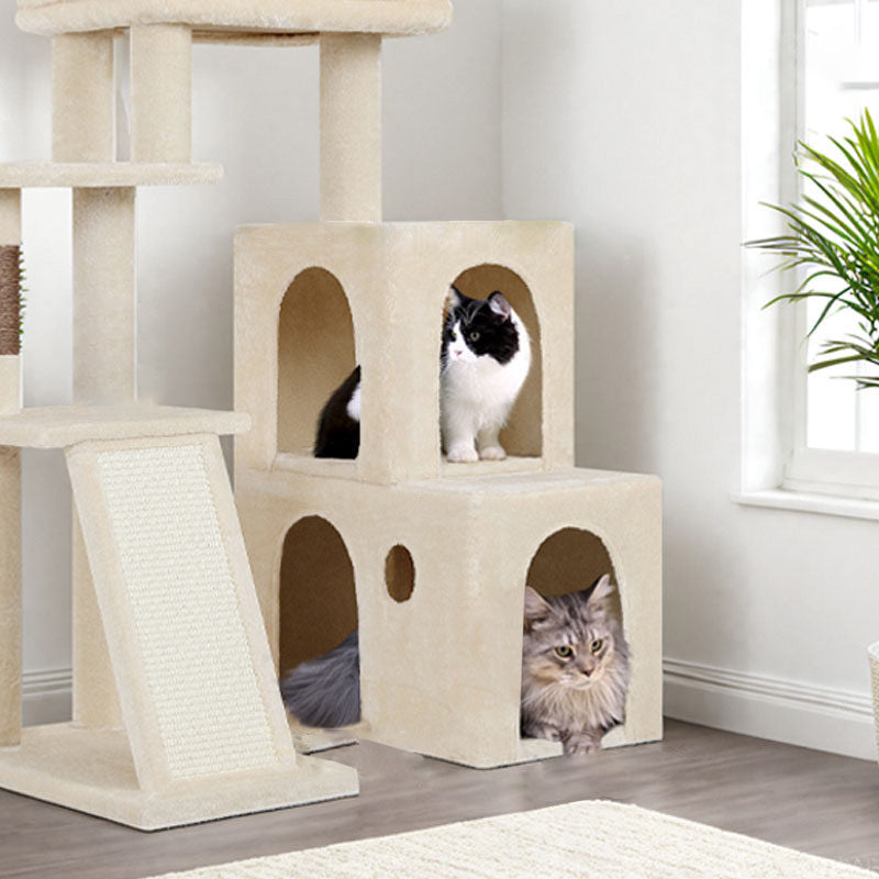 Contemporary Scandinavian Square Particleboard Velvet Fabric Hemp Rope Cat Tree 4-Tier For Living Room