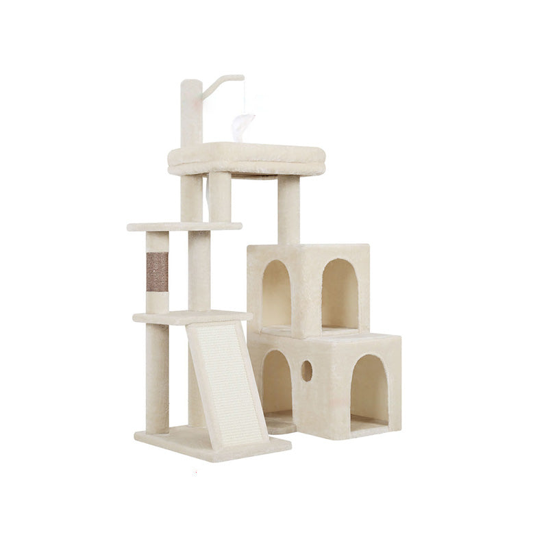 Contemporary Scandinavian Square Particleboard Velvet Fabric Hemp Rope Cat Tree 4-Tier For Living Room