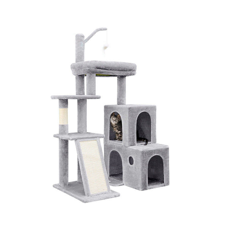 Contemporary Scandinavian Square Particleboard Velvet Fabric Hemp Rope Cat Tree 4-Tier For Living Room