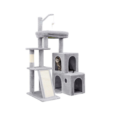 Contemporary Scandinavian Square Particleboard Velvet Fabric Hemp Rope Cat Tree 4-Tier For Living Room