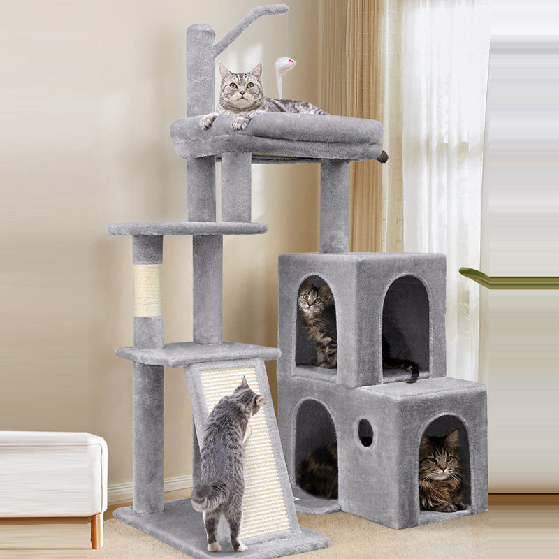 Contemporary Scandinavian Square Particleboard Velvet Fabric Hemp Rope Cat Tree 4-Tier For Living Room