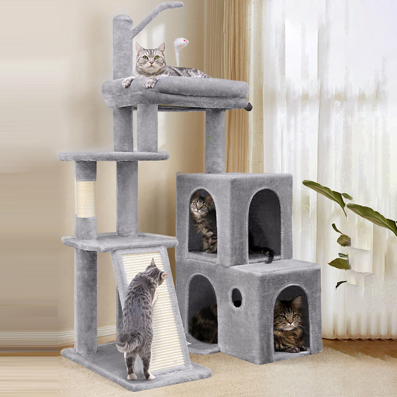 Contemporary Scandinavian Square Particleboard Velvet Fabric Hemp Rope Cat Tree 4-Tier For Living Room