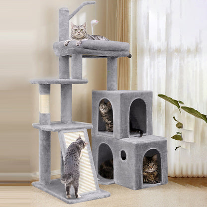 Contemporary Scandinavian Square Particleboard Velvet Fabric Hemp Rope Cat Tree 4-Tier For Living Room
