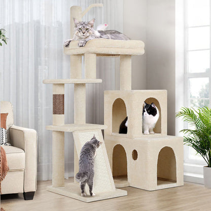 Contemporary Scandinavian Square Particleboard Velvet Fabric Hemp Rope Cat Tree 4-Tier For Living Room