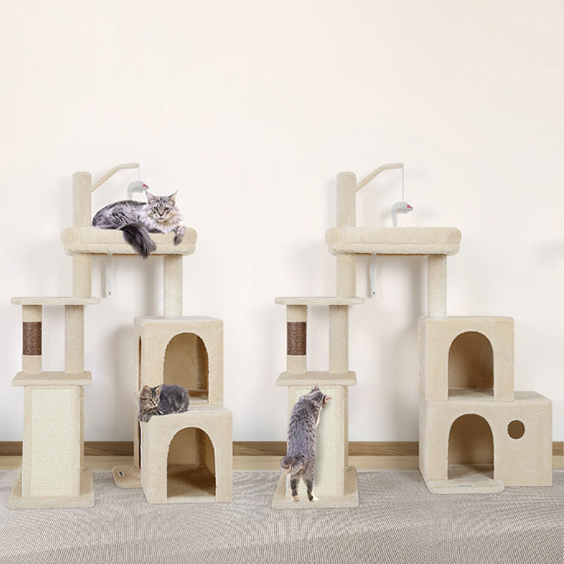 Contemporary Scandinavian Square Particleboard Velvet Fabric Hemp Rope Cat Tree 4-Tier For Living Room