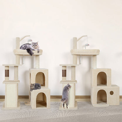 Contemporary Scandinavian Square Particleboard Velvet Fabric Hemp Rope Cat Tree 4-Tier For Living Room