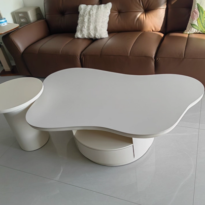 Contemporary Scandinavian Round Stone Slab Multi-Layer Solid Wood Panel Pine Wood Drawers Coffee Table 2-Drawer For Living Room