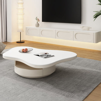 Contemporary Scandinavian Round Stone Slab Multi-Layer Solid Wood Panel Pine Wood Drawers Coffee Table 2-Drawer For Living Room