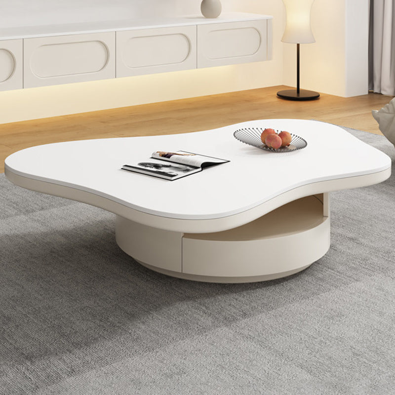 Contemporary Scandinavian Round Stone Slab Multi-Layer Solid Wood Panel Pine Wood Drawers Coffee Table 2-Drawer For Living Room