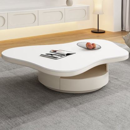 Contemporary Scandinavian Round Stone Slab Multi-Layer Solid Wood Panel Pine Wood Drawers Coffee Table 2-Drawer For Living Room