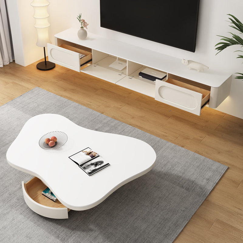 Contemporary Scandinavian Round Stone Slab Multi-Layer Solid Wood Panel Pine Wood Drawers Coffee Table 2-Drawer For Living Room