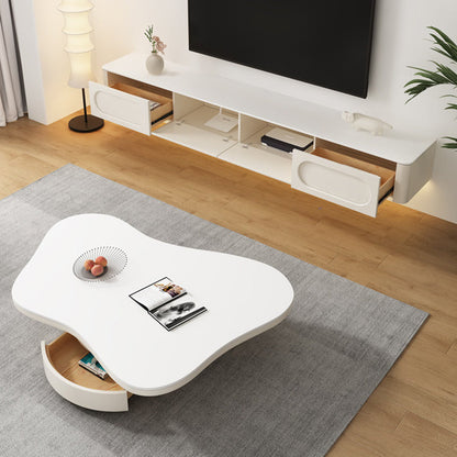 Contemporary Scandinavian Round Stone Slab Multi-Layer Solid Wood Panel Pine Wood Drawers Coffee Table 2-Drawer For Living Room