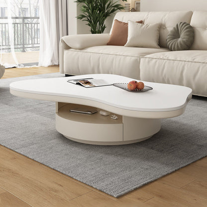 Contemporary Scandinavian Round Stone Slab Multi-Layer Solid Wood Panel Pine Wood Drawers Coffee Table 2-Drawer For Living Room