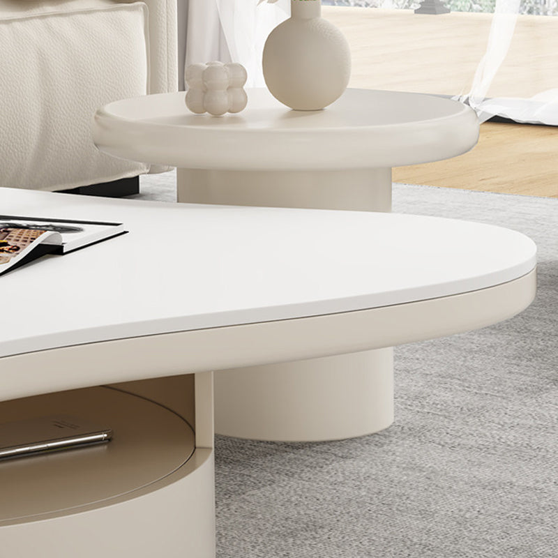 Contemporary Scandinavian Round Stone Slab Multi-Layer Solid Wood Panel Pine Wood Drawers Coffee Table 2-Drawer For Living Room