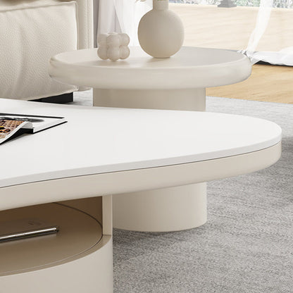 Contemporary Scandinavian Round Stone Slab Multi-Layer Solid Wood Panel Pine Wood Drawers Coffee Table 2-Drawer For Living Room
