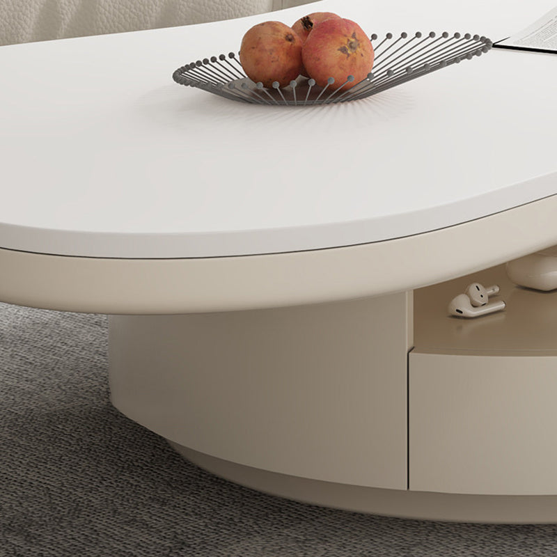 Contemporary Scandinavian Round Stone Slab Multi-Layer Solid Wood Panel Pine Wood Drawers Coffee Table 2-Drawer For Living Room