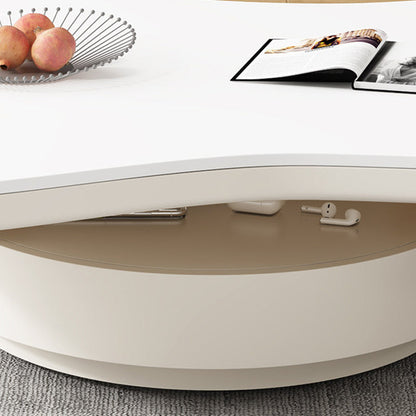 Contemporary Scandinavian Round Stone Slab Multi-Layer Solid Wood Panel Pine Wood Drawers Coffee Table 2-Drawer For Living Room
