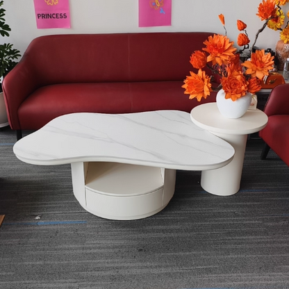 Contemporary Scandinavian Round Stone Slab Multi-Layer Solid Wood Panel Pine Wood Drawers Coffee Table 2-Drawer For Living Room