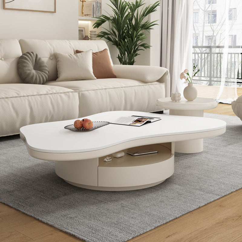 Contemporary Scandinavian Round Stone Slab Multi-Layer Solid Wood Panel Pine Wood Drawers Coffee Table 2-Drawer For Living Room