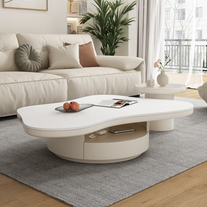 Contemporary Scandinavian Round Stone Slab Multi-Layer Solid Wood Panel Pine Wood Drawers Coffee Table 2-Drawer For Living Room