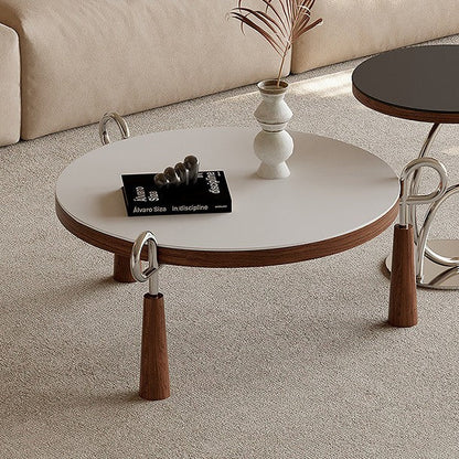 Modern Luxury Round Stone Slab Multi-layer Solid Wood Panel Stainless Steel Coffee Table For Living Room