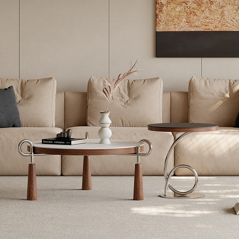 Modern Luxury Round Stone Slab Multi-layer Solid Wood Panel Stainless Steel Coffee Table For Living Room