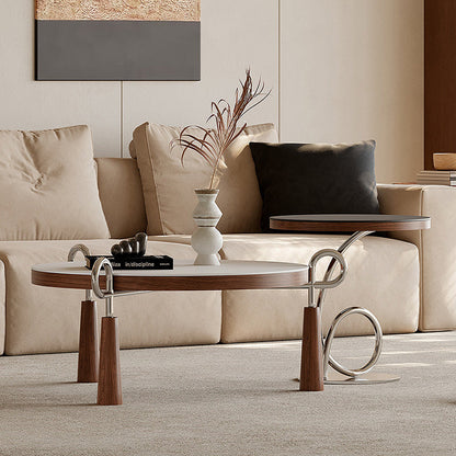 Modern Luxury Round Stone Slab Multi-layer Solid Wood Panel Stainless Steel Coffee Table For Living Room
