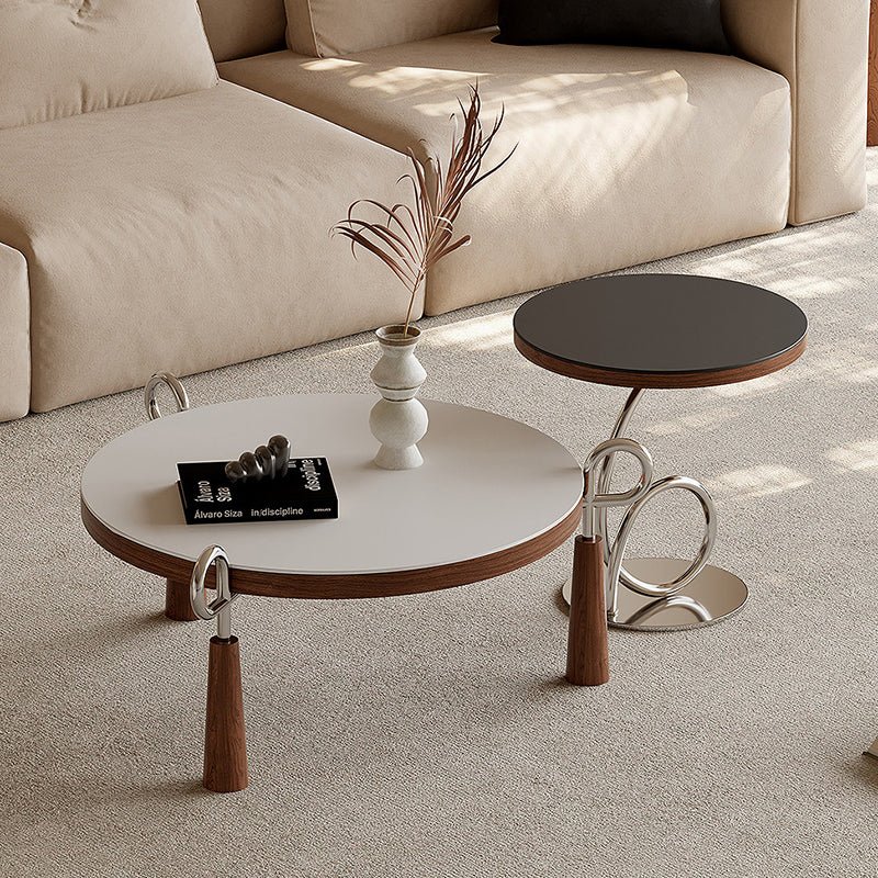 Modern Luxury Round Stone Slab Multi-layer Solid Wood Panel Stainless Steel Coffee Table For Living Room